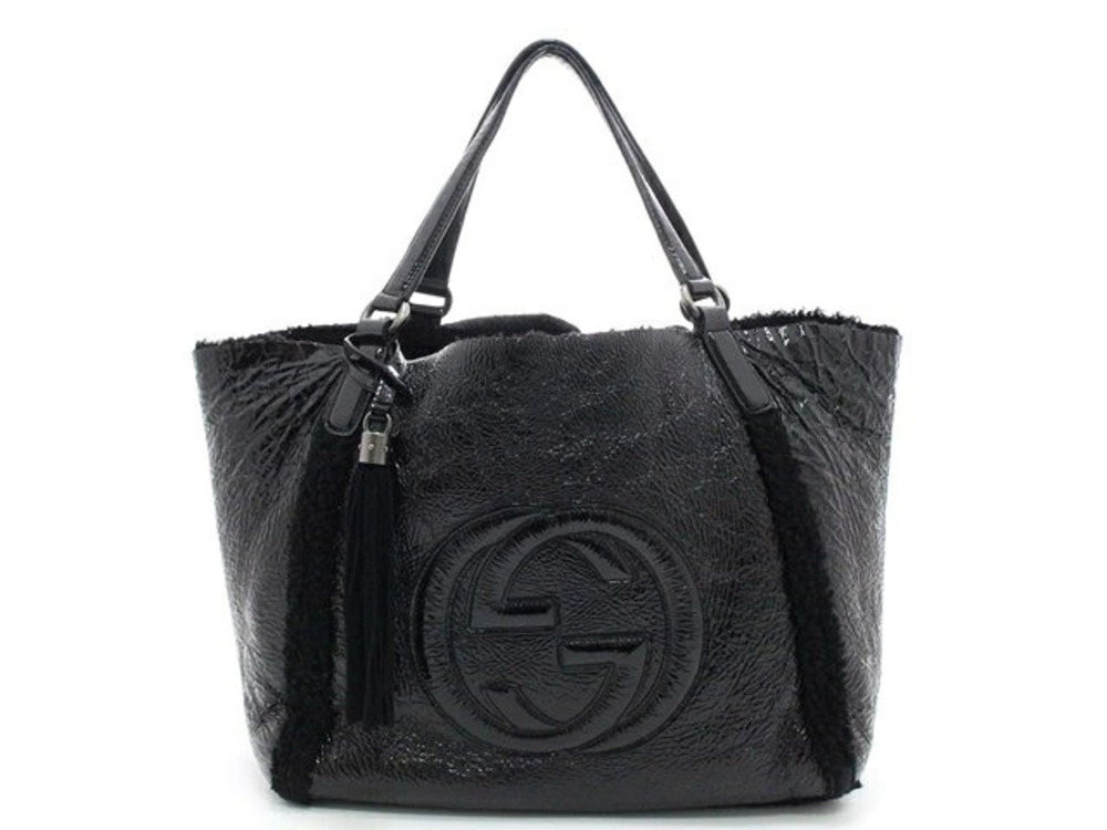 Gucci Soho Tote Bag Patent Vernis Leather Shearling Black